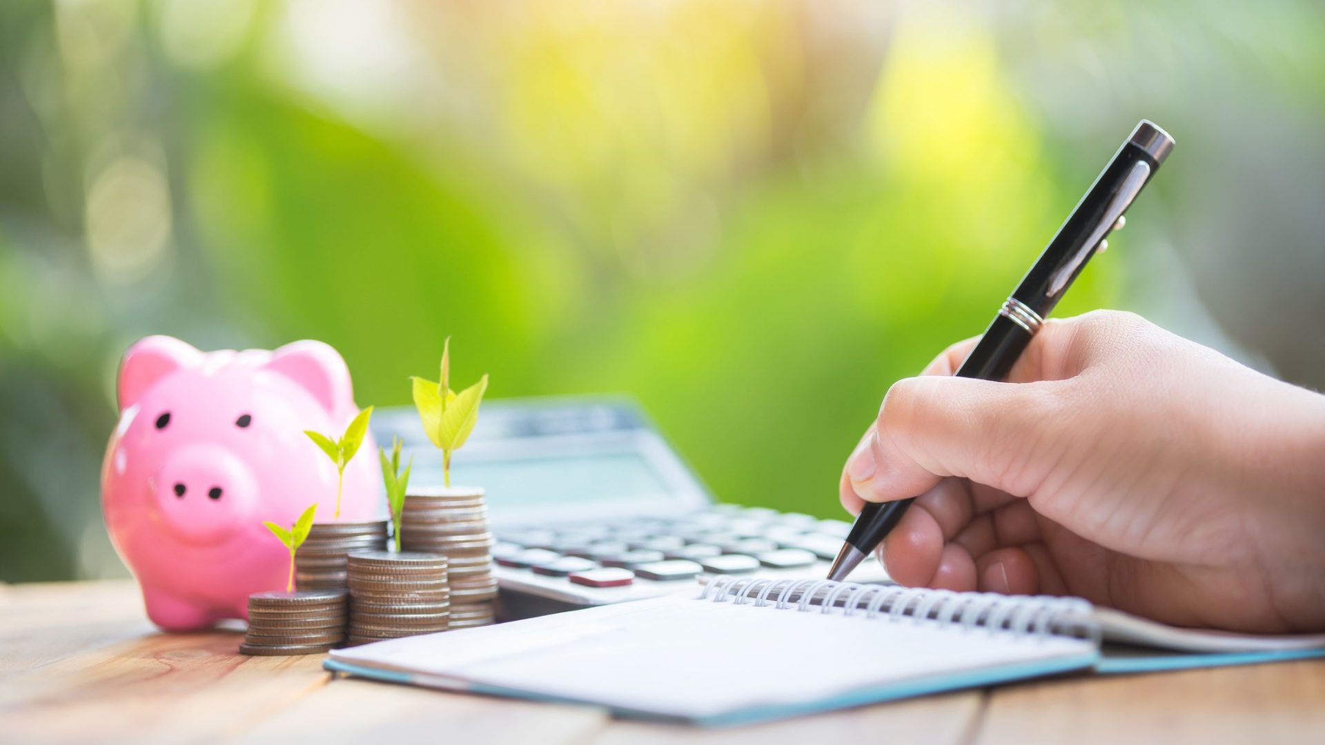 The hand of a woman who is recording financial planning piggy bank for step up growing business to profit and saving with piggy bank, Saving money for future plan and retirement fund concept.